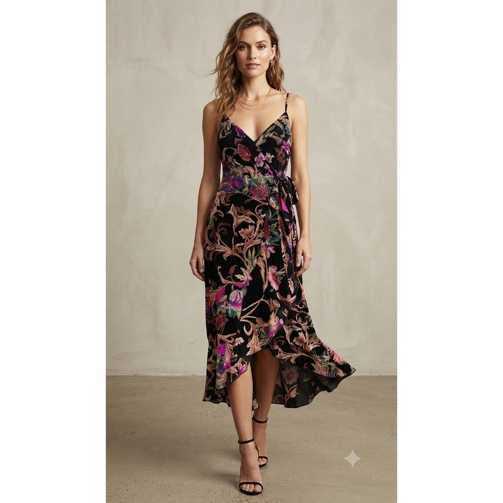 NWT Lulus Wrap Midi Dress Womens XS Black Floral Velvet Burnout High Low Hem